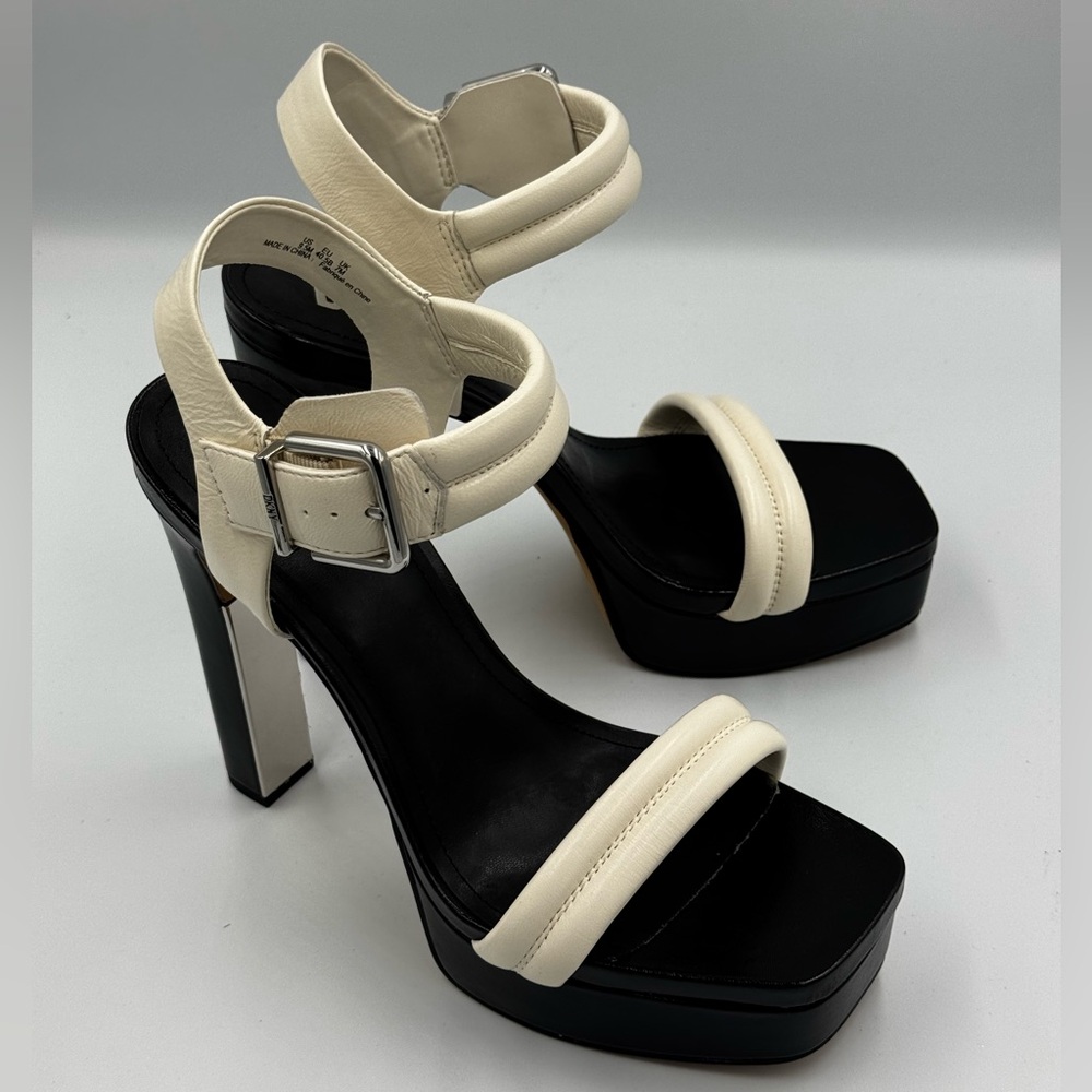 DKNY Black Platform Heel Sandals with Cream Straps
